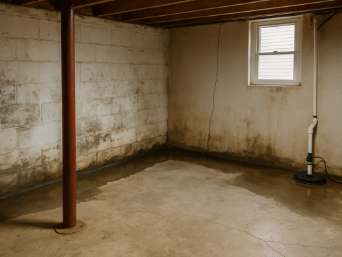 Flooded basement in North Carolina with foundation cracks, mold stains, and a sump pump system