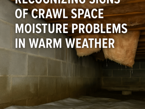 Moist crawl space with condensation and drooping insulation in summer