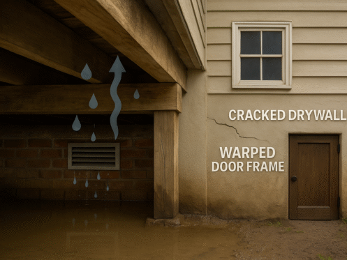 Moisture in crawl space causing foundation damage with cracked drywall and warped door frame on home exterior