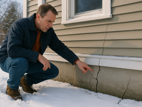 Man inspecting foundation cracks on a house during winter with snow on the ground