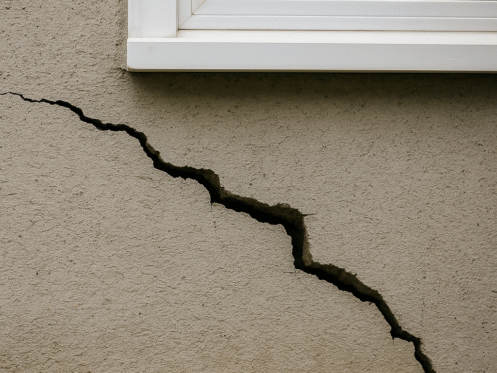 Jagged foundation crack under a window in a Charlotte home