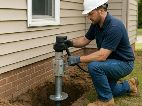 echnician installing a helical pier next to a home foundation in Charlotte, NC