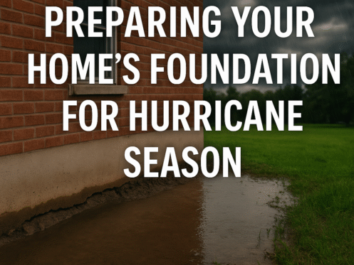 Brick home foundation with water pooling around it during a storm, symbolizing the need for hurricane season preparation.
