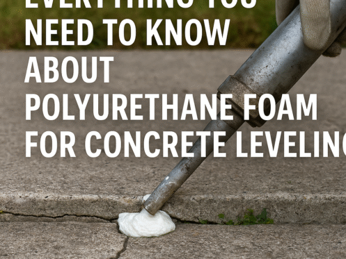 Worker injecting polyurethane foam beneath a cracked concrete slab to lift and level it.