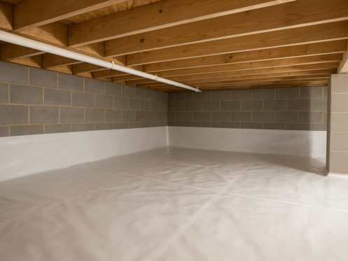 Clean crawl space with sealed vapor barrier and dry surfaces to prevent moisture and odors