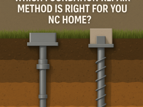 Illustration comparing push piers and helical piers for foundation repair in North Carolina, showing installation methods and soil layers.