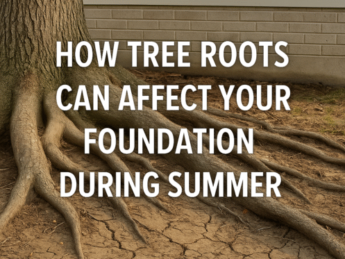 Tree roots growing near a home foundation during summer