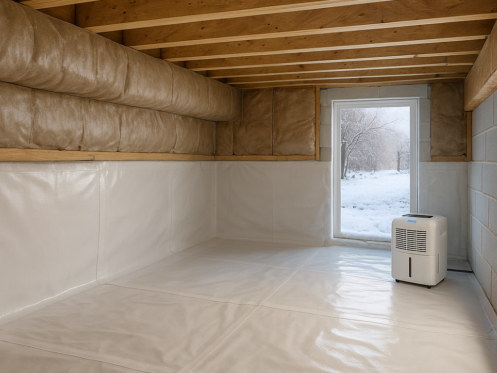 Newly encapsulated crawl space with white vapor barrier, dehumidifier, and winter landscape visible outside
